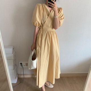 Puff-sleeve V-neck Plain Wrapped Dress