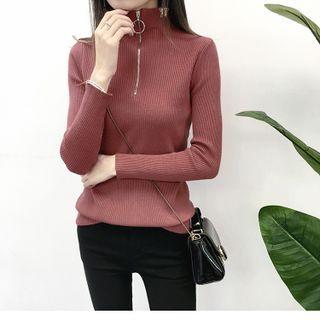 Mock-turtleneck Plain Zip Knit Top