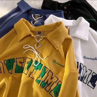 Elbow-sleeve Lace-up Lettering Polo Shirt