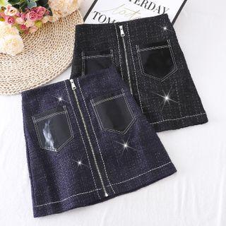 Zip-up Woolen Color Block Pocket A-line Skirt