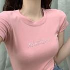 Short-sleeve Letter Embroidered T-shirt Pink - One Size