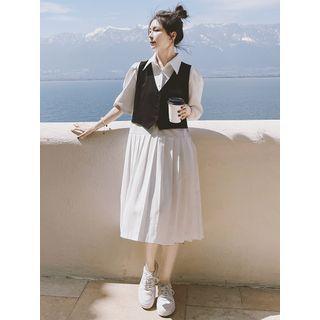 Puff-sleeve Henley Mock Two-piece Midi Shirt Dress