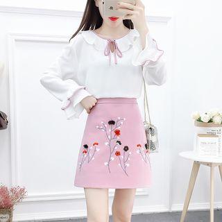 Set: Ruffled-cuff Blouse + Floral Embroidered A-line Skirt