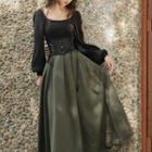Puff-sleeve Lace-up Sweater / Midi A-line Skirt / Set