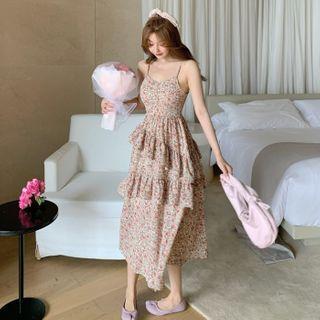 Spaghetti Strap Floral Print Midi A-line Dress Floral - Yellow & Red - One Size