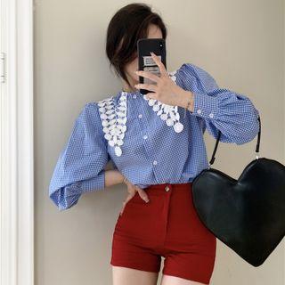 Long-sleeve Lace Check Blouse / Plain Hot Pants