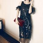 Short-sleeve Cutout Sequined Midi Party Dress