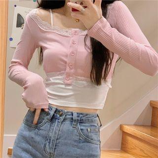 Set: Lace Trim Cropped Cardigan + Camisole Top Set - Cardigan - Pink - One Size / Camisole Top - White - One Size