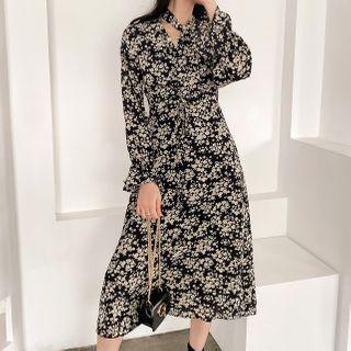 Floral Midi A-line Dress / Plain Knit Vest