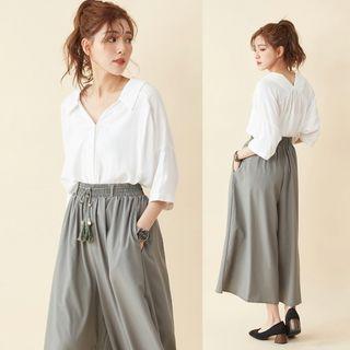 Set: 3/4-sleeve Shirt + Wide Leg Pants Green - One Size