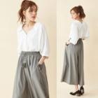 Set: 3/4-sleeve Shirt + Wide Leg Pants Green - One Size