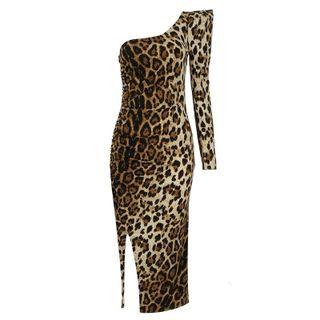 One-shoulder Leopard Print Midi Bodycon Dress