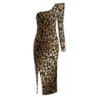 One-shoulder Leopard Print Midi Bodycon Dress