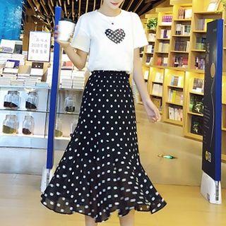 Set: Short-sleeve Printed T-shirt + Midi Dotted Chiffon Skirt