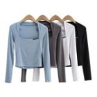 Long-sleeve Square-neck Lettering Cropped T-shirt