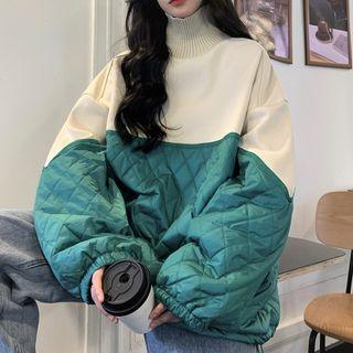 Turtleneck Quilted Sweatshirt White & Green - One Size