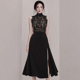 Set: Lace Turtle-neck Sleeveless Top + Side-slit Midi A-line Skirt