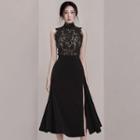 Set: Lace Turtle-neck Sleeveless Top + Side-slit Midi A-line Skirt