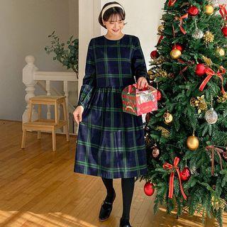 Plus Size Shirred Checked Midi Corduroy Dress