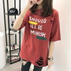 Elbow-sleeve Printed Lettering T-shirt