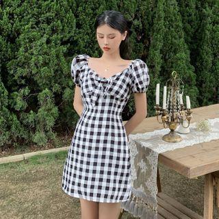 Puff-sleeve Plaid Fitted Mini Dress