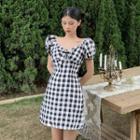 Puff-sleeve Plaid Fitted Mini Dress