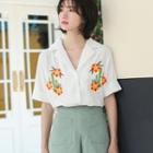 Flower Embroidered Notch Lapel Elbow-sleeve Shirt White - One Size