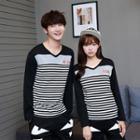 Couple Matching Stripe Panel V-neck Long-sleeve T-shirt