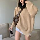 Plain Loose-fit Hooded Sweater Khaki - One Size