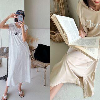Cap-sleeve Printed Long Hoodie Dress