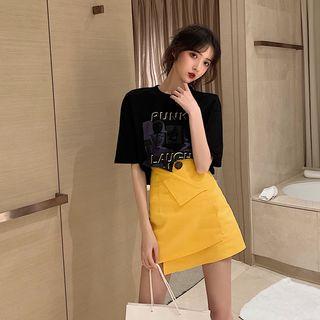 Printed Short-sleeve T-shirt / Irregular Wrap Straight-fit Skirt