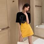 Printed Short-sleeve T-shirt / Irregular Wrap Straight-fit Skirt