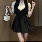Short-sleeve Lace Trim Shirt / Mini Overall Dress