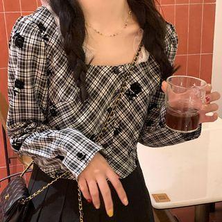 Long-sleeve Plaid Lace Trim Blouse