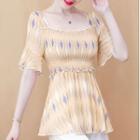 Tie-back Ruched Argyle Patterned Chiffon Top