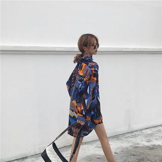Asymmetric Hem Print Shirt As Shown In Figure - One Size