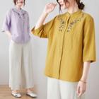 Elbow-sleeve Floral Embroidered Blouse / Wide Leg Pants