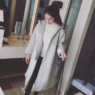 Plain Hooded Long Woolen Coat