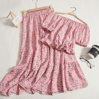 Set: Short-sleeve Off-shoulder Floral Blouse + Midi A-line Skirt