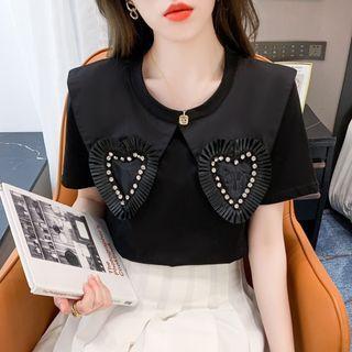 Short-sleeve Rhinestone Heart Collar Blouse