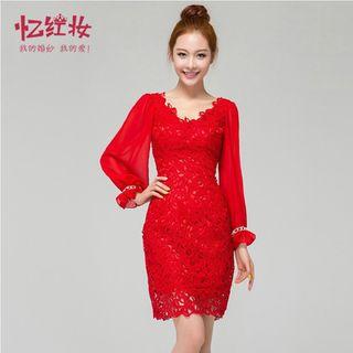 Puff-sleeve Lace Sheath Cocktail Dress