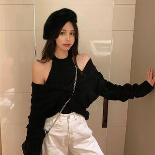 Set: Long-sleeve Twist-front Knit Top + Camisole Top