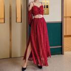 Set: Cold-shoulder Lace Top + Lace Maxi Skirt