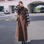 Lantern-sleeve Plaid Panel Double Breasted Tie Waist Trench Coat