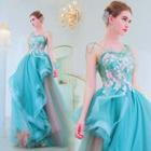Spaghetti Strap Embroidered Flower Ruffled Mesh A-line Evening Gown