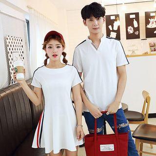 Couple Matching Contrast Trim Short-sleeve T-shirt / A-line Dress