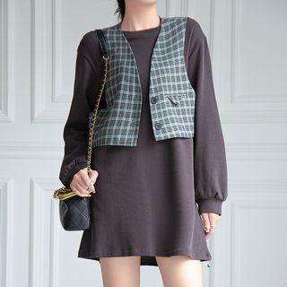 Set: Long-sleeve Mini Dress + Plaid Vest