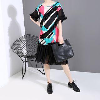 Mesh Panel Short-sleeve Printed Midi A-line Dress As Shown In Figure - One Size