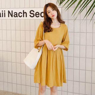 Plain Elbow Sleeve Linen Blend Dress