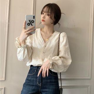 Long-sleeve V-neck Lace Trim Blouse Almond - One Size